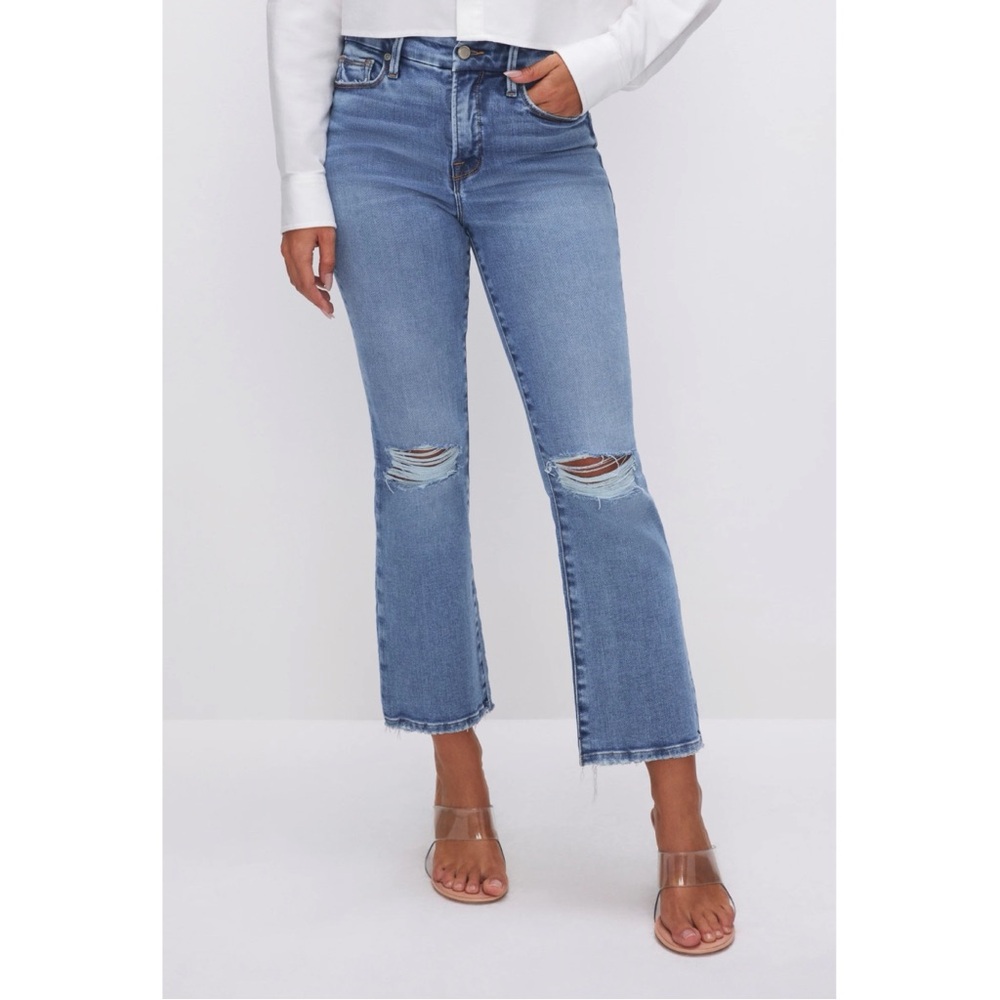 Good American Light Blue Distressed Flare Jeans, cropped